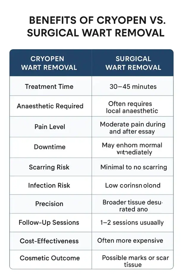 Table showing the benefits of cryopen to remove warts Avon compared to surgical treatment